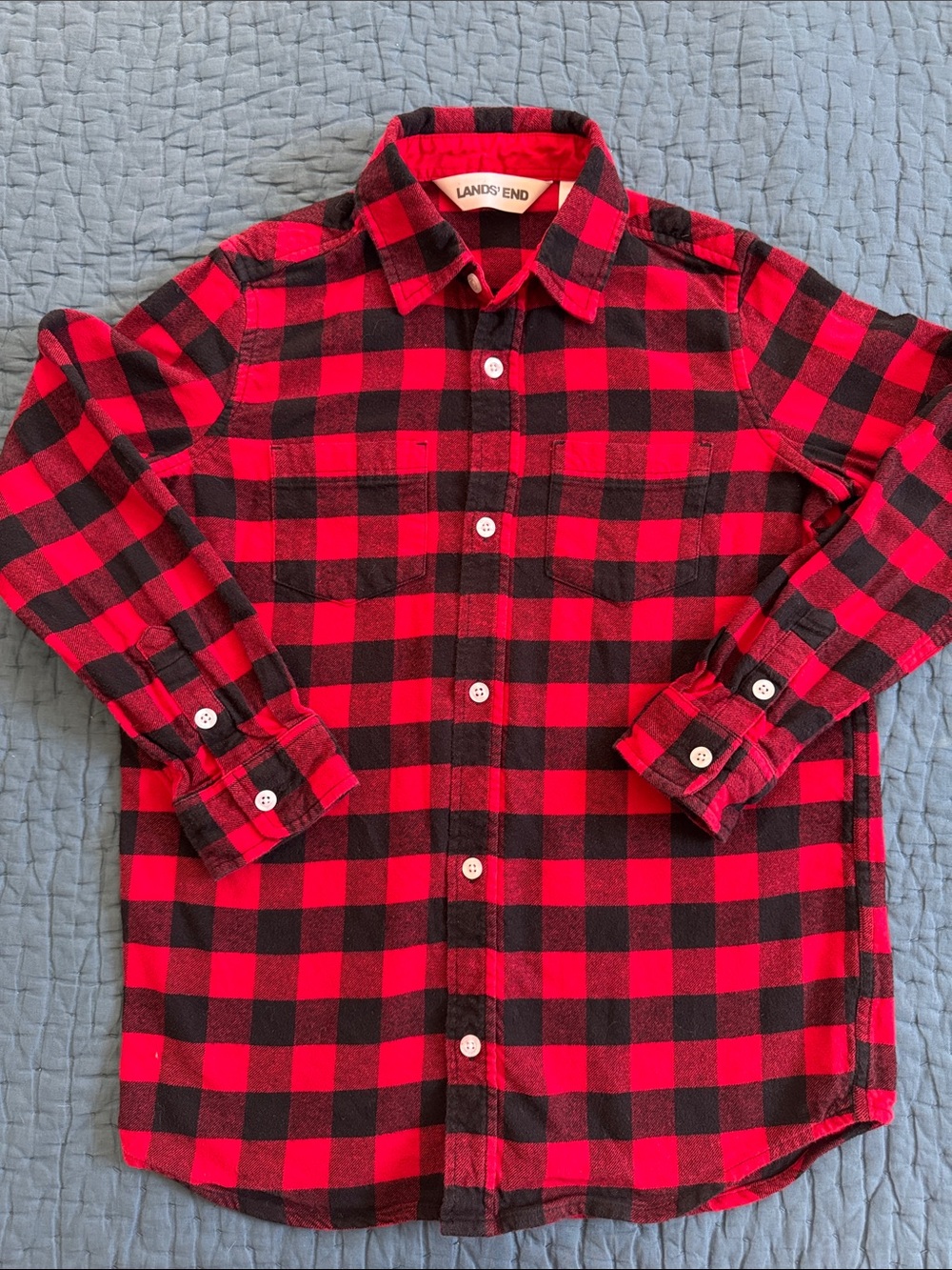 Lands' End Boy's L (10-12) Red & Black Buffalo Plaid Flannel Button-Up Shirt